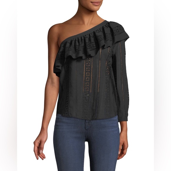 Veronica Beard | Cruz Eyelet One-Shoulder Ruffle Top in Black 2 - Picture 6 of 7
